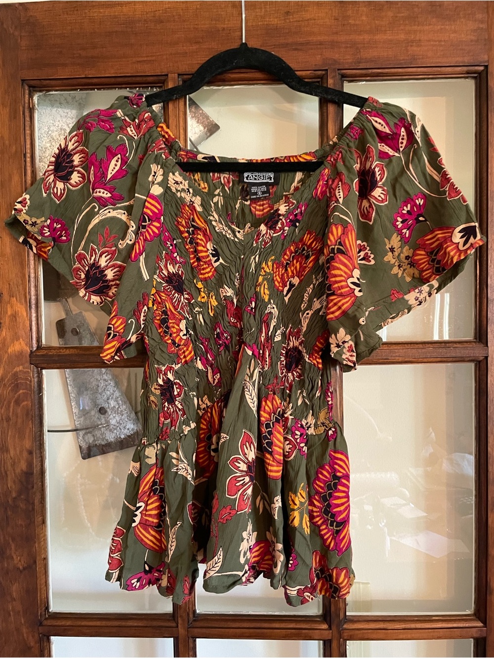 Angie Olive Floral Off-Shoulder Smocked Peplum Top with Pink and Orange Blooms